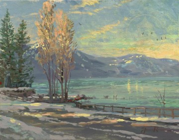 350 人の有名アーティストによるアート作品 Painting - タホ湖の海岸線 冬 トーマス キンケード